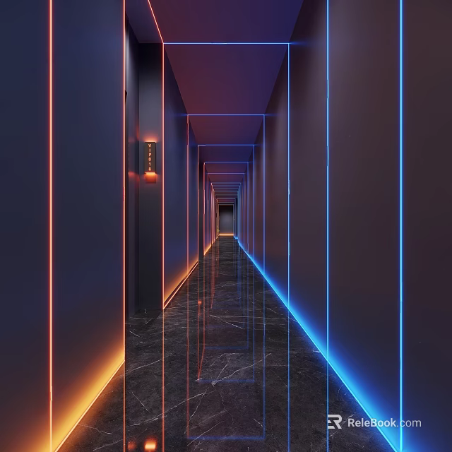 Modern Elevator Corridor With Blue Orange Lighting And Marble Floor 3d model 