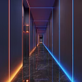 Modern Elevator Corridor With Blue Orange Lighting And Marble Floor 3d model