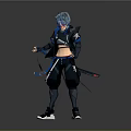 Game Movie Character With Blue Hair Black Blue Outfit And Sword At Waist