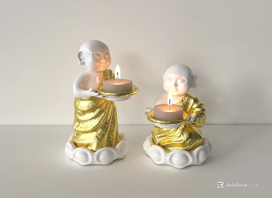 Little Monk Shaped Candle Lamp with Golden White Design Lit Candle and Cloud Shaped Base 3d model 