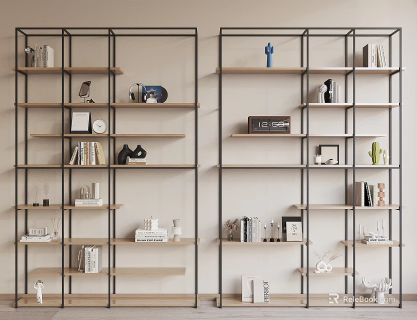 Modern Bookshelf with Metal Frame Wooden Shelves Books Decorative Items Photo Frames 3d model 