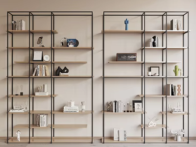 Modern Bookshelf with Metal Frame Wooden Shelves Books Decorative Items Photo Frames 3d model