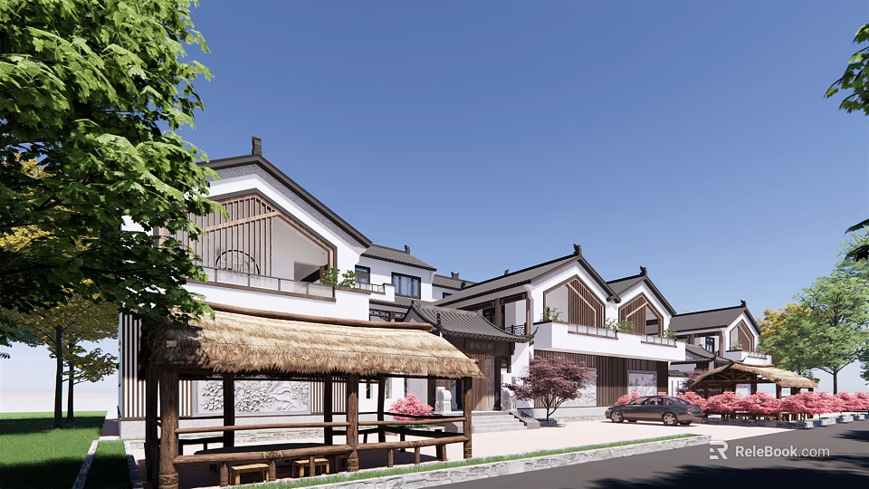 Traditional Homestay Building With Thatched Pavilion Classic Roof And Courtyard Landscape 3d model 