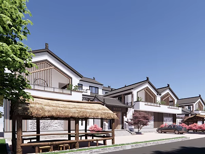 Traditional Homestay Building With Thatched Pavilion Classic Roof And Courtyard Landscape 3d model