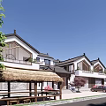 Traditional Homestay Building With Thatched Pavilion Classic Roof And Courtyard Landscape