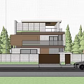 Modern Detached Villa Featuring Geometric Facade Glass Balcony and Roof Garden Surrounded by Trees
