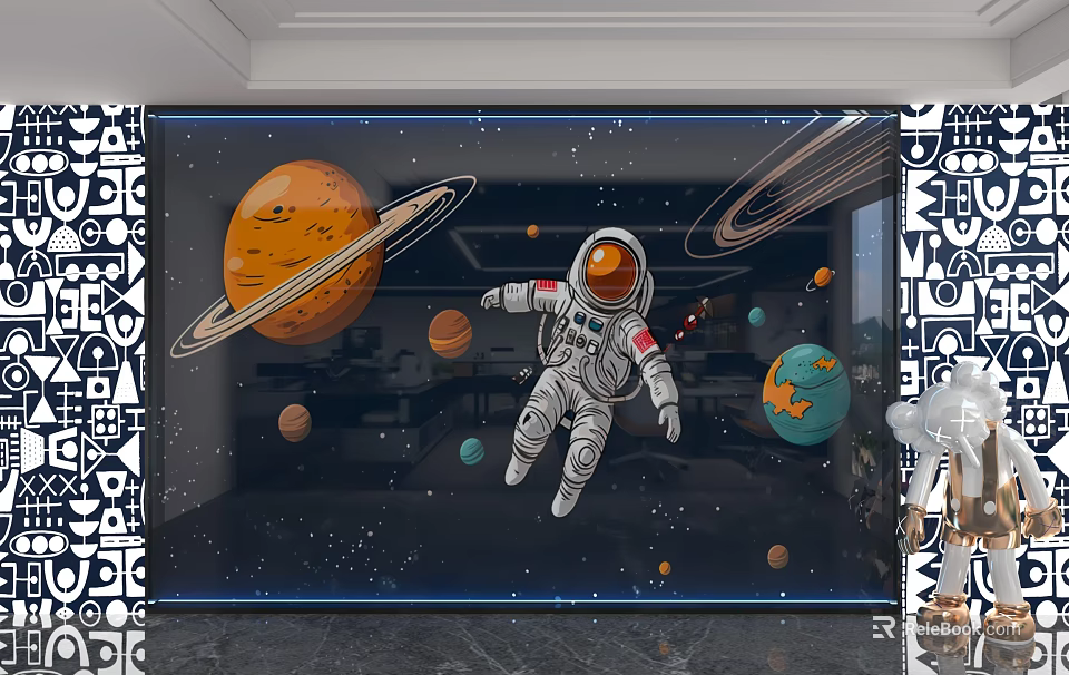 Space Themed Wall Mural Displaying Astronaut Planets Rings and Starry Sky 3d model 