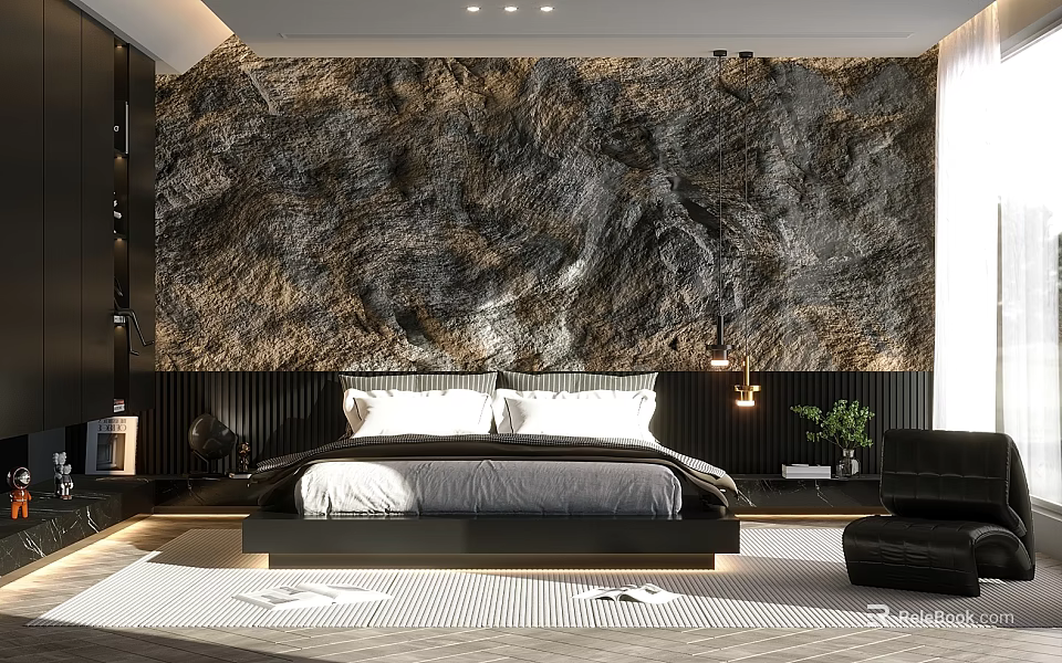 Modern Bedroom With Textured Wall Behind Bed Black Furniture White Bedding And Small Plant 3d model 