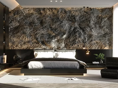 Modern Bedroom With Textured Wall Behind Bed Black Furniture White Bedding And Small Plant 3d model