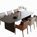 Modern Rectangular Dark Table With Light Gray And Brown Leather Chairs Fruit Bowl And Plant 3d model