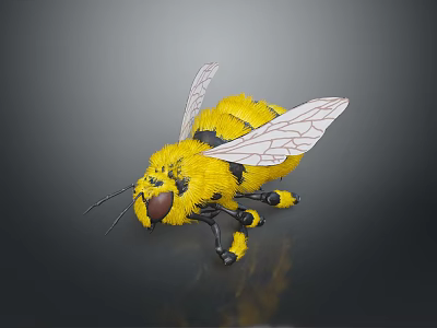 Yellow Fuzzy Bee With Transparent Wings And Black Stripes On Reflective Surface 3d model