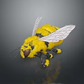 Yellow Fuzzy Bee With Transparent Wings And Black Stripes On Reflective Surface