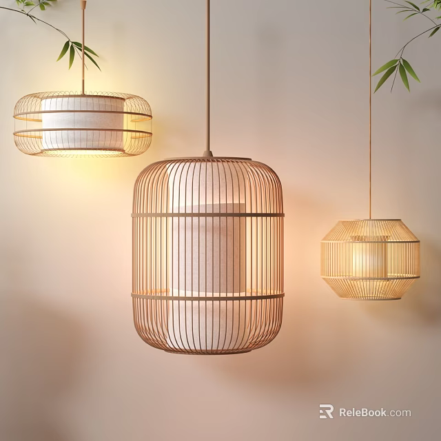 Natural Bamboo Pendant Lights Three Different Shapes Modern Interior Decorative Light Fixtures 3d model 