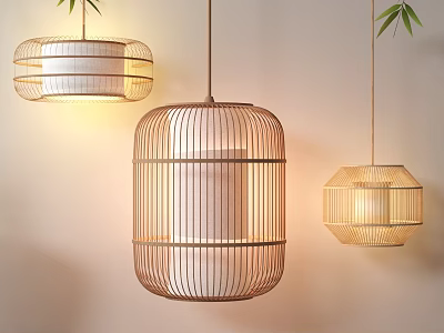 Natural Bamboo Pendant Lights Three Different Shapes Modern Interior Decorative Light Fixtures 3d model