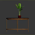 Round Modern Coffee Table With Blue Tabletop Copper Legs And Red Vase With Green Leaves