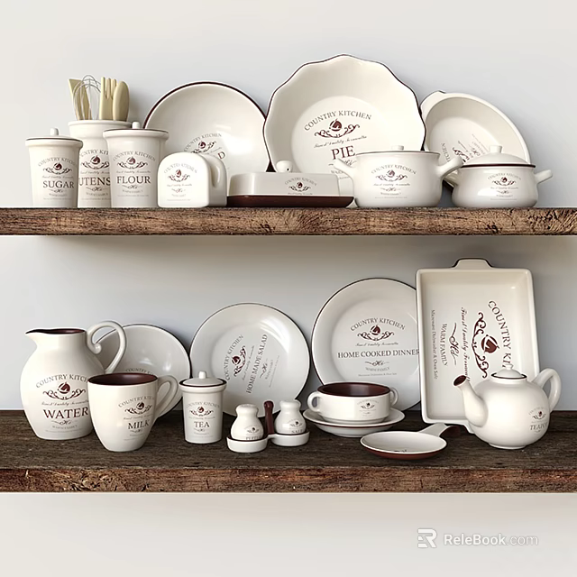 Vintage White Tableware Set With Plates Cups Teapot Jars And Wooden Shelves 3d model 