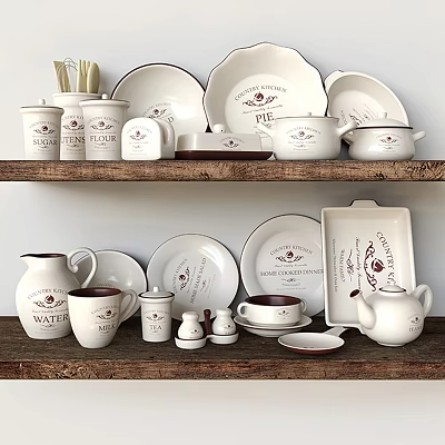 Vintage White Tableware Set With Plates Cups Teapot Jars And Wooden Shelves 3d model