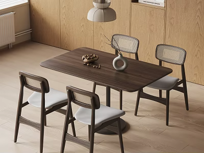 Modern Wooden Dining Table Set With Four Chairs And Pendant Light In Minimalist Interior 3d model