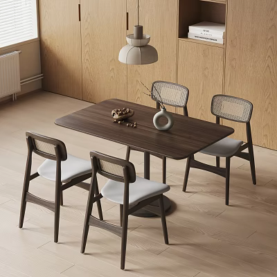 Modern Wooden Dining Table Set With Four Chairs And Pendant Light In Minimalist Interior 3d model