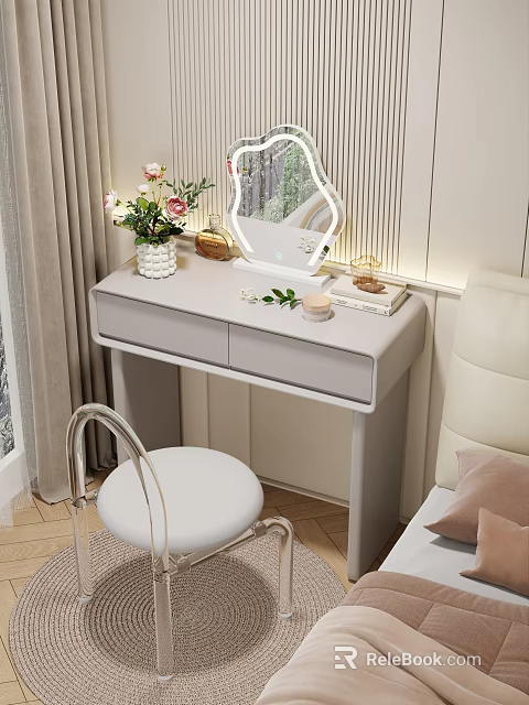 Elegant Light Gray Dressing Table With LED Mirror Flowers And White Stool 3d model 