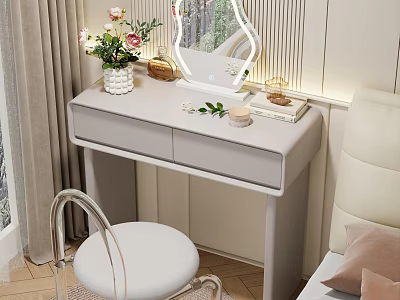 Elegant Light Gray Dressing Table With LED Mirror Flowers And White Stool 3d model