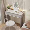 Elegant Light Gray Dressing Table With LED Mirror Flowers And White Stool 3d model