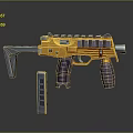 Futuristic Submachine Gun With Yellow Body Purple Grips And Gray Magazine Design