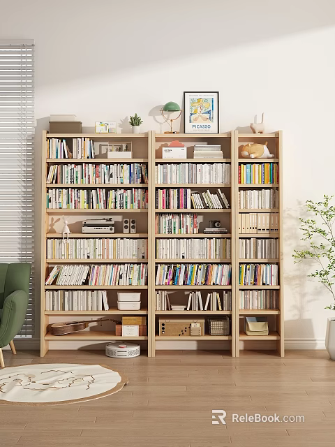 Modern Bookshelf With Multiple Shelves Filled With Books Green Chair Plant And Wall Decor 3d model 