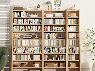 Modern Bookshelf With Multiple Shelves Filled With Books Green Chair Plant And Wall Decor 3d model