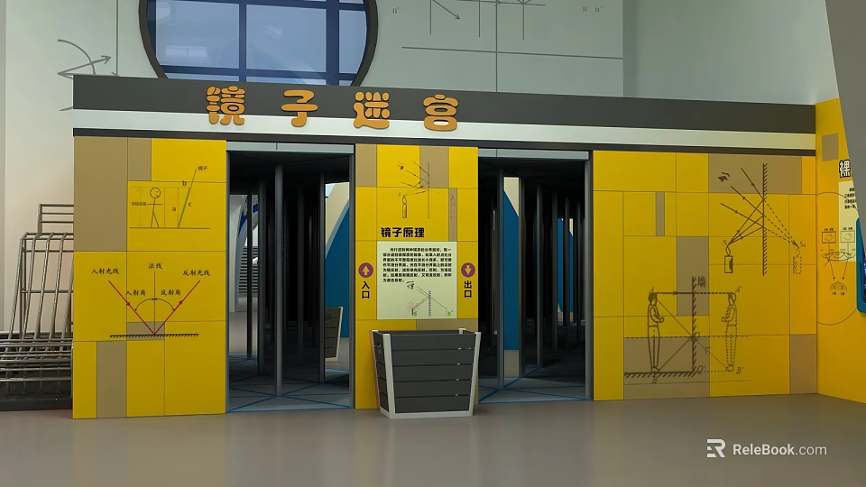 Shopping Mall Mirror Maze Store With Yellow Wall Entrance And Safety Guidelines 3d model 