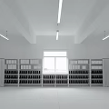 Spacious White Storage Room With Shelves Ceiling Lighting And Large Windows 3d model