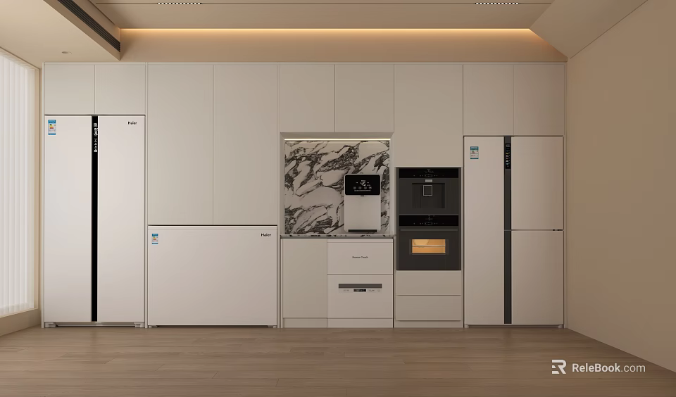 Modern Kitchen Interior With White Cabinets Integrated Appliances And Marble Backsplash 3d model 