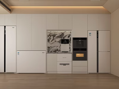 Modern Kitchen Interior With White Cabinets Integrated Appliances And Marble Backsplash 3d model