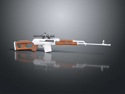 Tactical Rifle With Wooden Stock White Body Scope And Reflection On Dark Surface 3d model