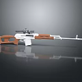Tactical Rifle With Wooden Stock White Body Scope And Reflection On Dark Surface
