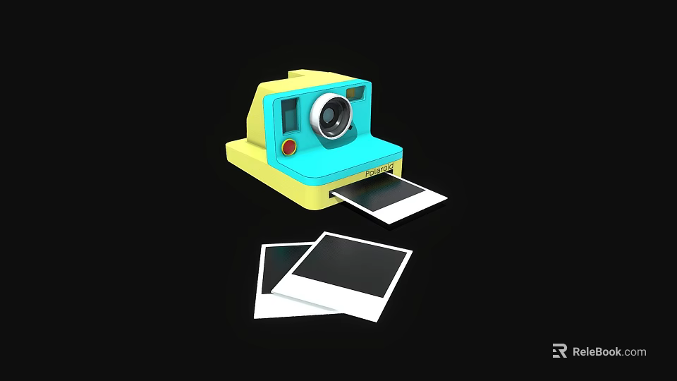 Compact Yellow And Blue Instant Digital Polaroid Camera With Displayed 3d model