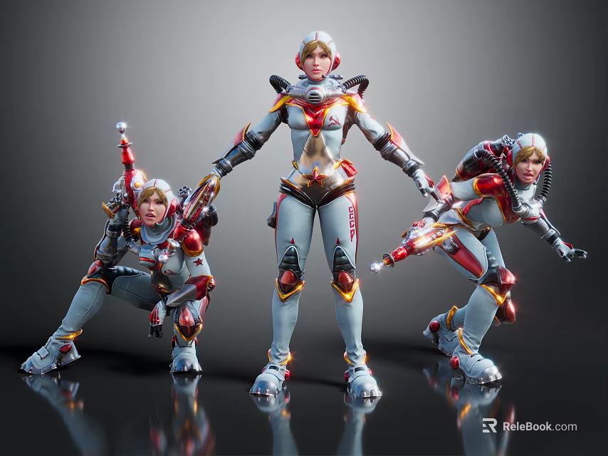 Human Sci Fi Warrior Characters In Futuristic Silver Red Armor With Weapons And Dynamic Poses 3d model 