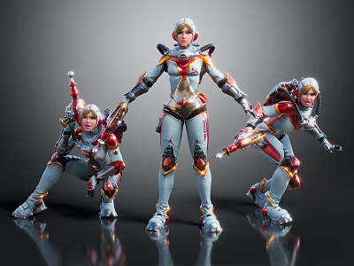 Human Sci Fi Warrior Characters In Futuristic Silver Red Armor With Weapons And Dynamic Poses 3d model