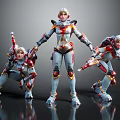 Human Sci Fi Warrior Characters In Futuristic Silver Red Armor With Weapons And Dynamic Poses