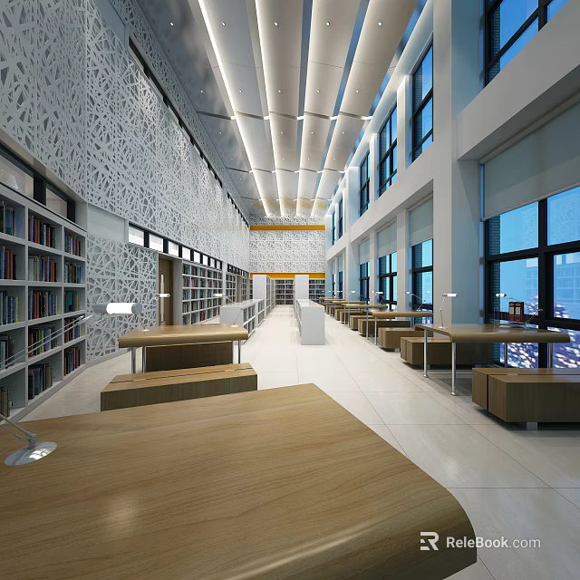 Modern Book Art Library Interior Design With Wooden Bookshelves Long Tables And Large Windows 3d model 