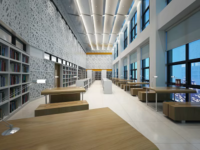 Modern Book Art Library Interior Design With Wooden Bookshelves Long Tables And Large Windows 3d model
