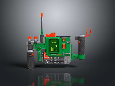 Green Handheld Electronic Device With Display Screen Antenna Orange Buttons And Grip Handles 3d model