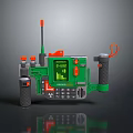 Green Handheld Electronic Device With Display Screen Antenna Orange Buttons And Grip Handles