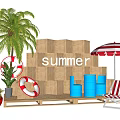 Summer Scene With Palm Tree Lifebuoy Striped Umbrella And Beach Accessories