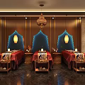 Traditional SPA Sauna Interior With Red Massage Beds And Decorative Wall Lights