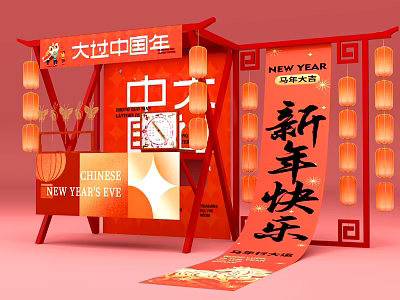 Chinese New Year Interactive Zone With Red Decorations Lanterns And New Year Wishes 3d model
