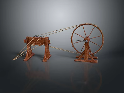 Ancient Wooden Spinning Wheel Featuring Traditional Design and Wooden Frame Structure 3d model