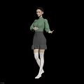 Woman in Green Turtleneck Sweater and Black Ruffled Skirt Against Dark Background