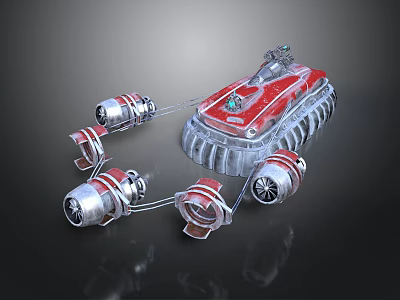 Futuristic Sci Fi Mechanical Vehicle With Red Body And Multiple Silver Metallic Thrusters 3d model