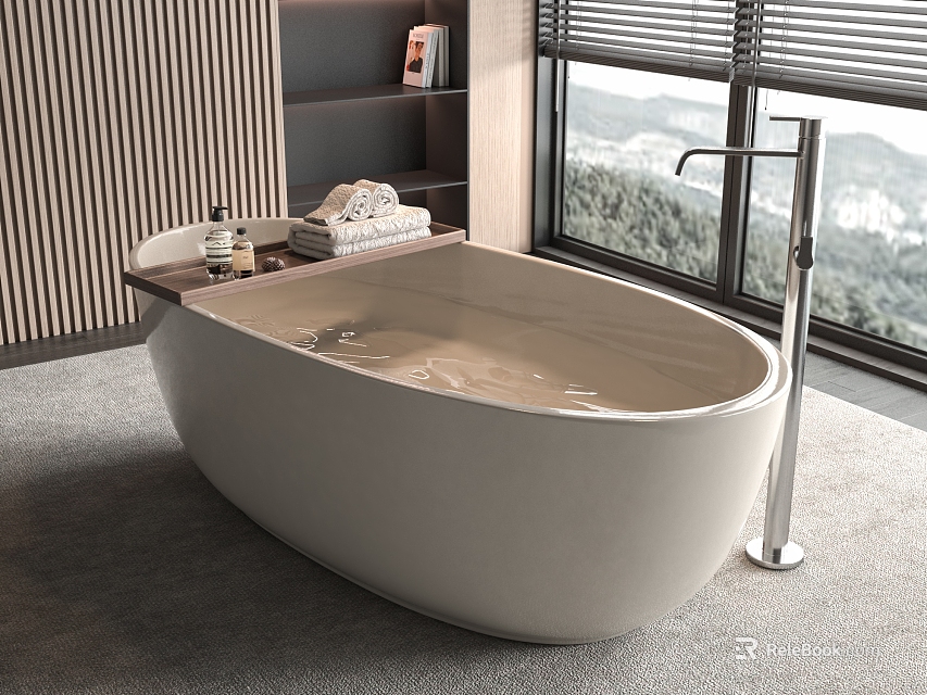 Modern Oval Bathtub In Bathroom With Floor Mounted Faucet And Scenic View 3d model 